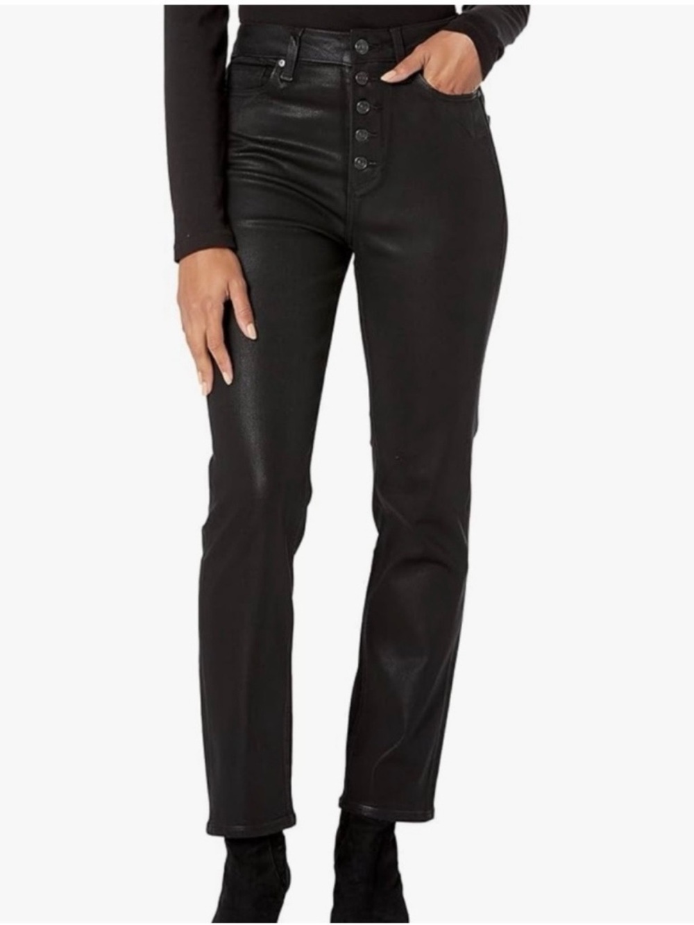 Paige Flaunt Accent Denim: High-Rise Black Coated Straight Leg Jeans